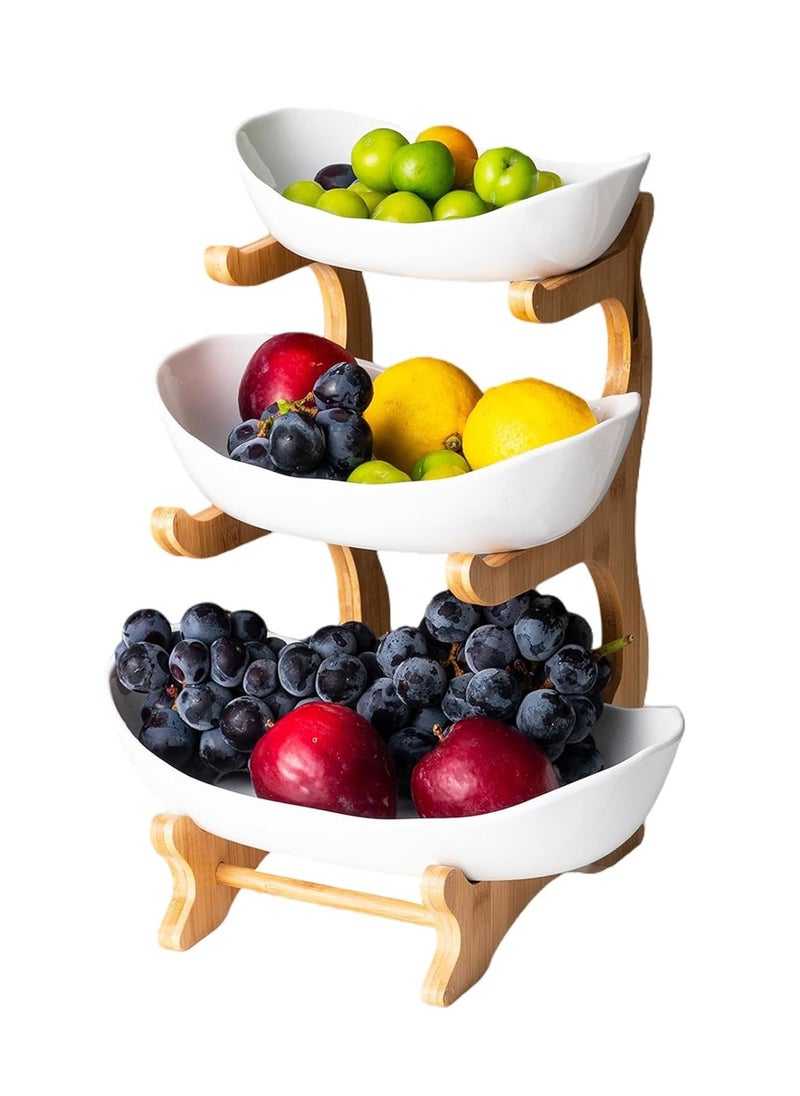 3 Tier Fruit Bowl, Ceramic Oval Fruit Tray with Bamboo Rack, Food Serving Tray for Fruit Snacks Dessert Candy