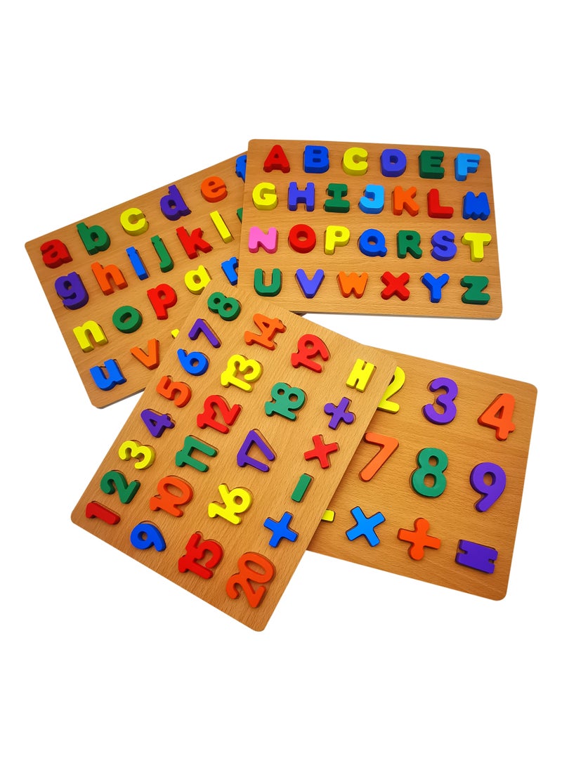 ABC and 123 Wooden  Puzzle Set of 4 – Uppercase, Lowercase Letters & Numbers for Toddlers | Montessori Educational Learning Toy