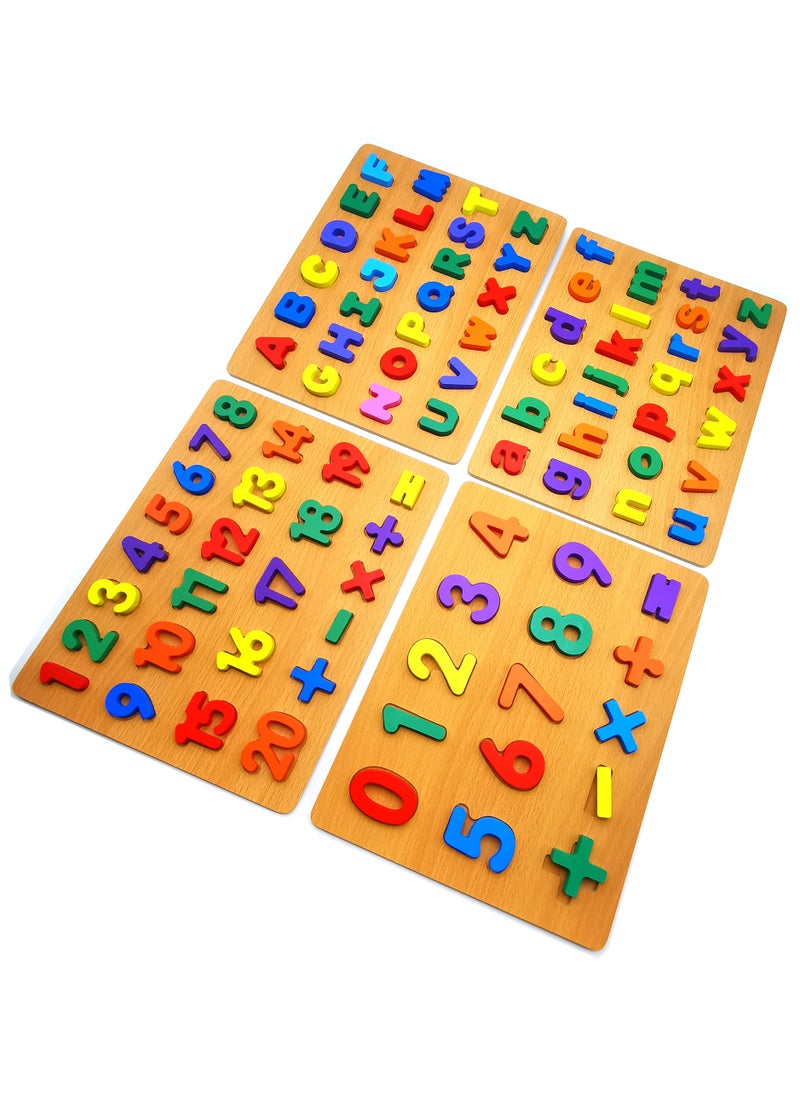 ABC and 123 Wooden  Puzzle Set of 4 – Uppercase, Lowercase Letters & Numbers for Toddlers | Montessori Educational Learning Toy