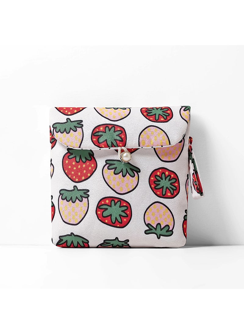 Cotton Fabric Large Capacity Sanitary Napkin Bag Strawberry on white background