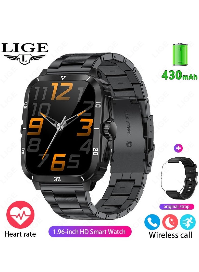 Smart Watch For Men 1.96 inch HD Screen 430mAh Large Battery 100+ Sports Modes Steel Black Smartwatch IP67 Waterproof Extra Silicone Strap