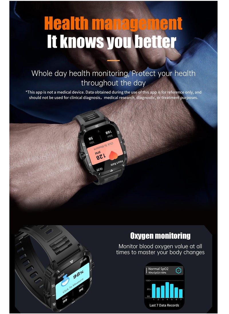 Smart Watch For Men 1.96 inch HD Screen 430mAh Large Battery 100+ Sports Modes Steel Black Smartwatch IP67 Waterproof Extra Silicone Strap