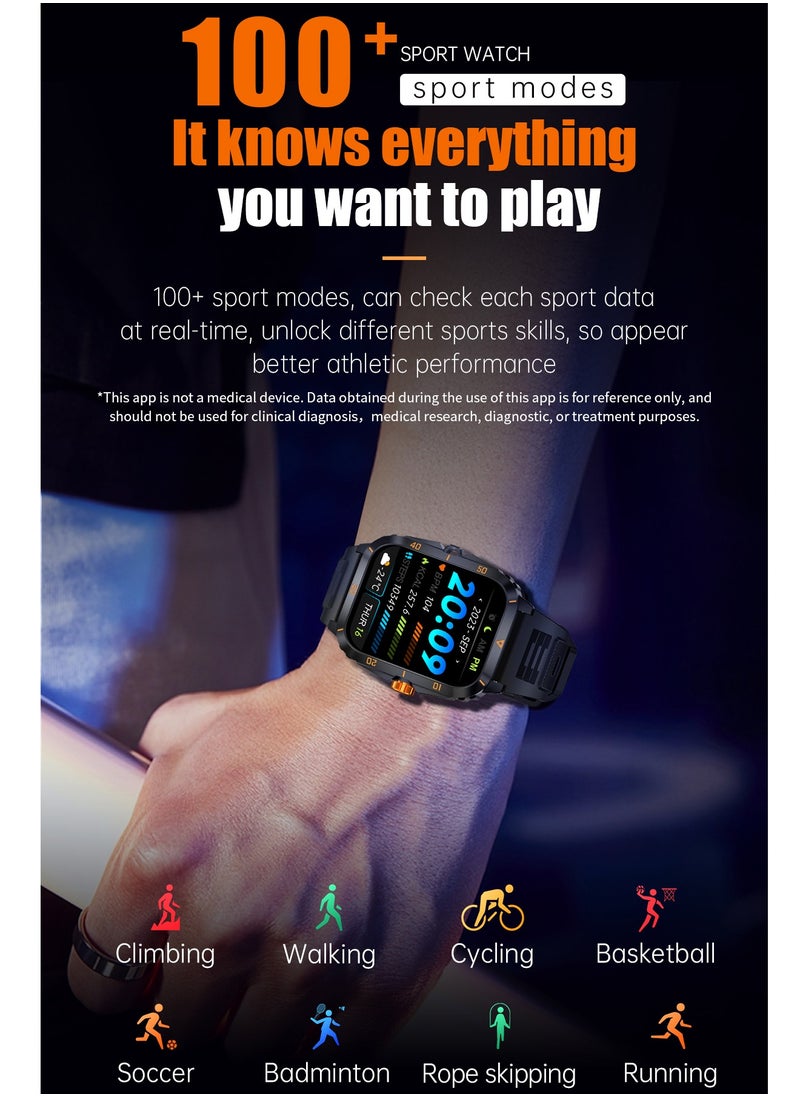 Smart Watch For Men 1.96 inch HD Screen 430mAh Large Battery 100+ Sports Modes Steel Black Smartwatch IP67 Waterproof Extra Silicone Strap