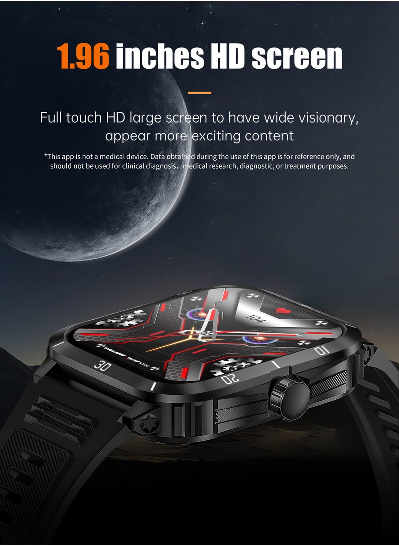 Smart Watch For Men 1.96 inch HD Screen 430mAh Large Battery 100+ Sports Modes Steel Black Smartwatch IP67 Waterproof Extra Silicone Strap