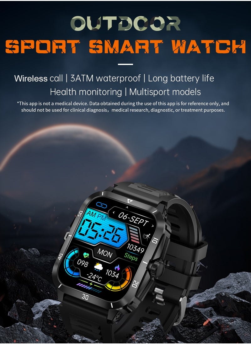 Smart Watch For Men 1.96 inch HD Screen 430mAh Large Battery 100+ Sports Modes Steel Black Smartwatch IP67 Waterproof Extra Silicone Strap
