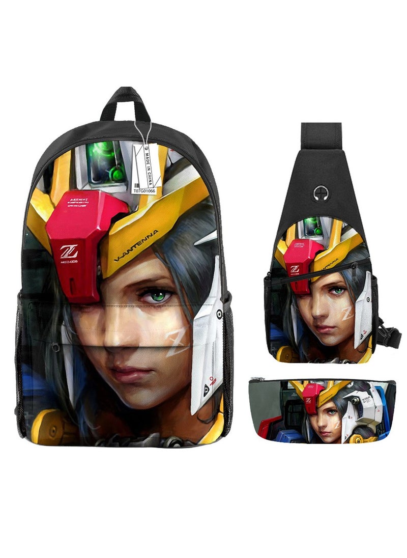 Backpack polyester schoolbag large-capacity cross-body bag student (new three-piece set)\\G01-: mobile warrior