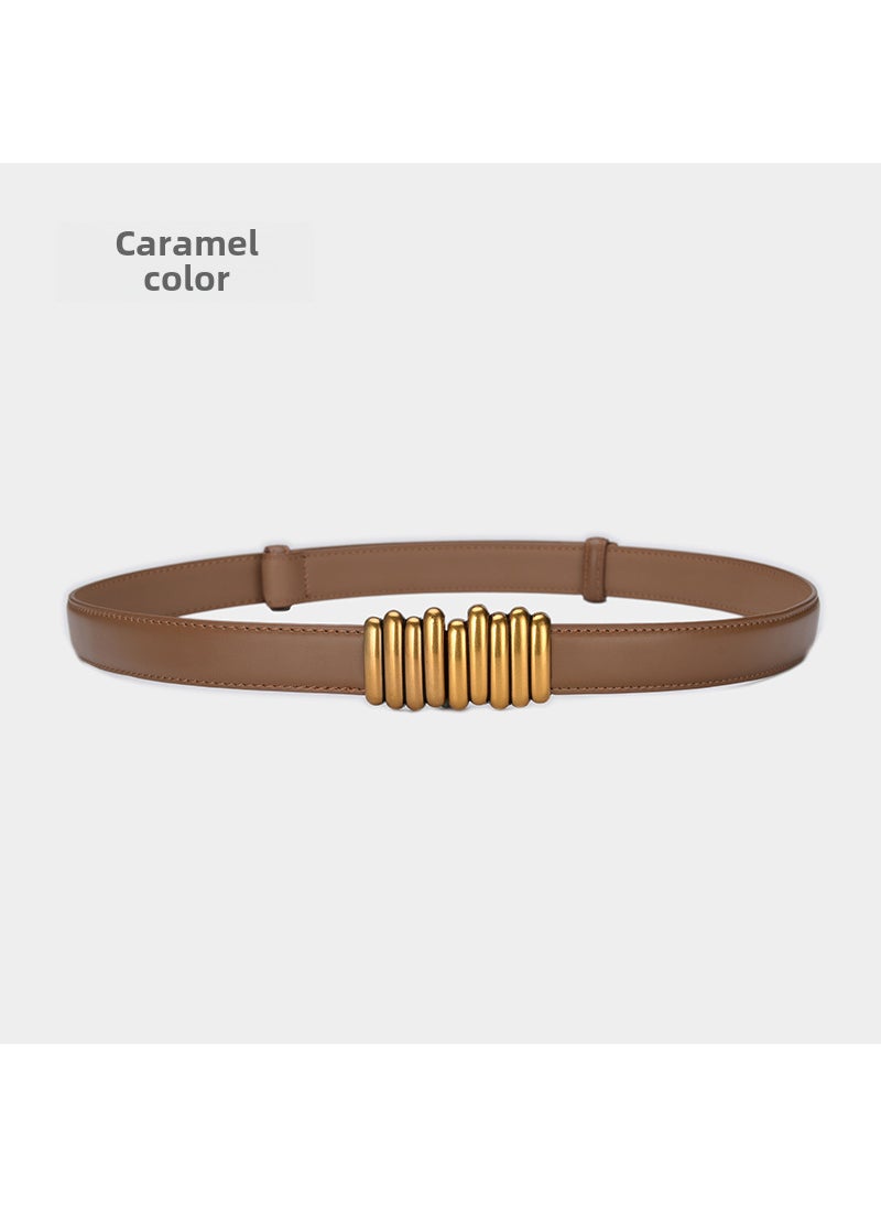 Korean-style Belt Womens Fashionable Adjustable Cowhide Small Waist Seal Womens Genuine Leather Belt Exterior Decoration with Skirt Belt 25307 Caramel