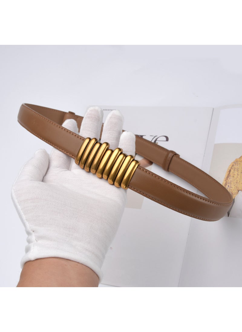 Korean-style Belt Womens Fashionable Adjustable Cowhide Small Waist Seal Womens Genuine Leather Belt Exterior Decoration with Skirt Belt 25307 Caramel