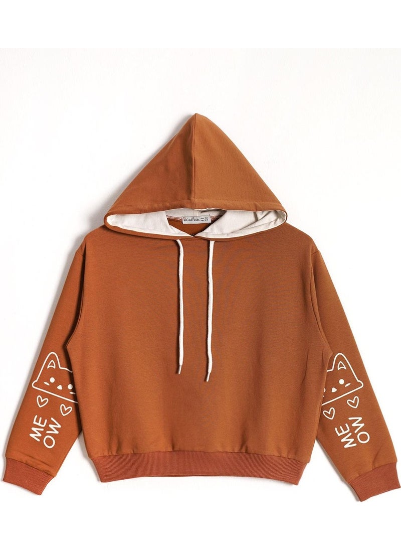 Hooded Long Sleeve Brown Color Girls Sweatshirt