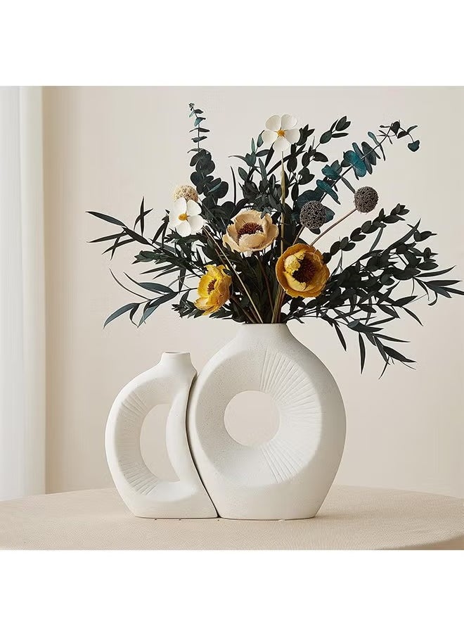 White Ceramic Vase Set of 2,Vase Set for Home Decor, Round Boho Vase for Pampas Grass and Flowers Decor, Modern Living Room, Bedroom, Fireplace, Farmhouse, and Centerpieces