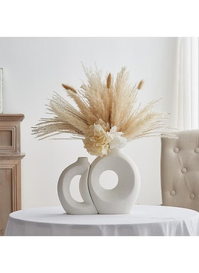 White Ceramic Vase Set of 2,Vase Set for Home Decor, Round Boho Vase for Pampas Grass and Flowers Decor, Modern Living Room, Bedroom, Fireplace, Farmhouse, and Centerpieces