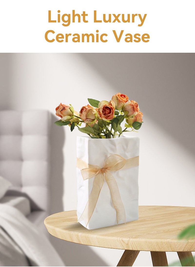 White Crinkle Paper Bag Ceramic Vase, Unique Square Wide Mouth Pleated Vases, Minimalist Boho Vase for Flower Arrangement Table Centerpiece Home Office Bookshelf Decor