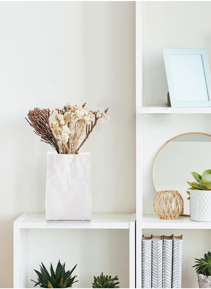 White Crinkle Paper Bag Ceramic Vase, Unique Square Wide Mouth Pleated Vases, Minimalist Boho Vase for Flower Arrangement Table Centerpiece Home Office Bookshelf Decor