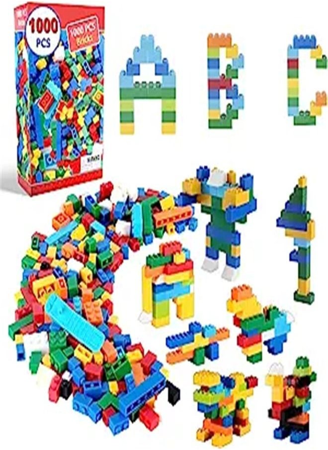 Goolsky Building Bricks 1000 Pieces, Basic Building Blocks with Random Colors, 8 Shapes, 1000Pcs Bulk Building Bricks for Kids Age 3+, Compatible to All Major Brands