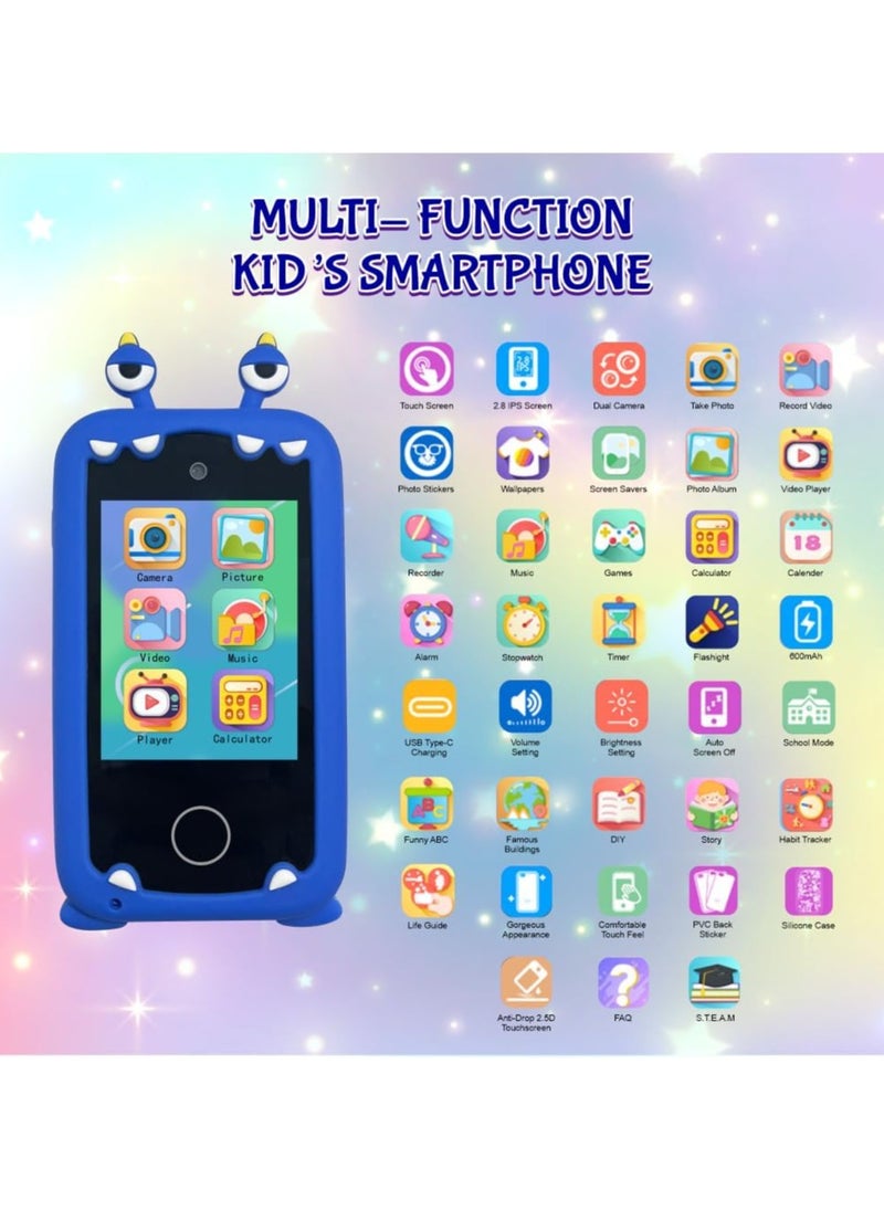 Kids Smart Phone Toys for Girls Ages 3-8 Toddler Play Travel Toys with Dual Camera Educational Learning Game Puzzle MP3 Music Player Birthday Gift for Kids Girls 3 4 5 6 7 8 Year Old (8 GB)-Blue