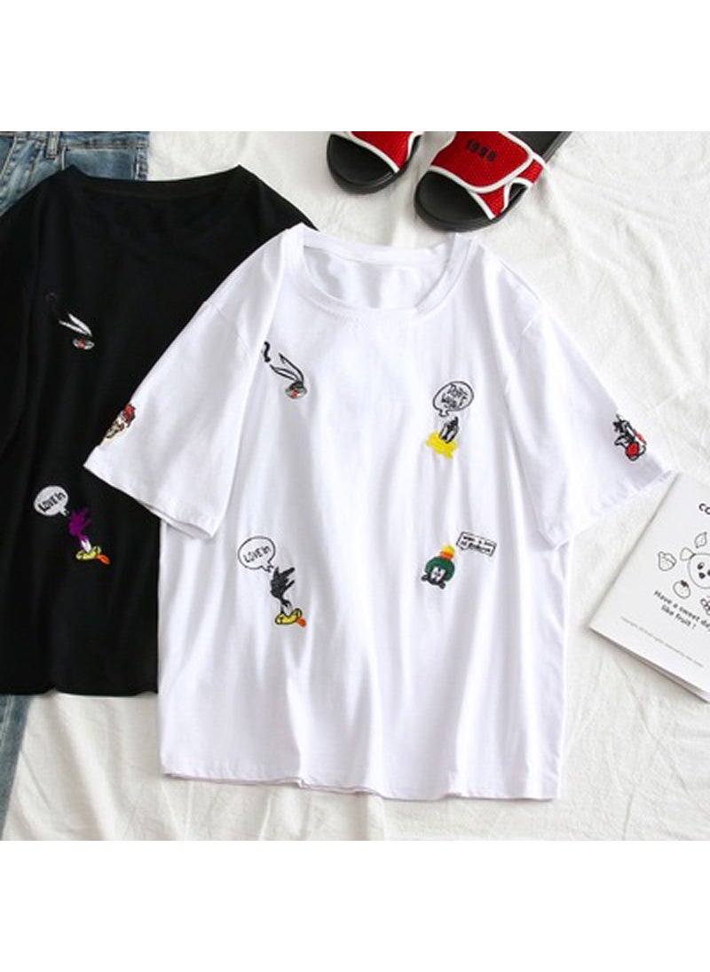 2024 Cartoon Embroidered Tee Girls Korean Loose Fit Summer Black
