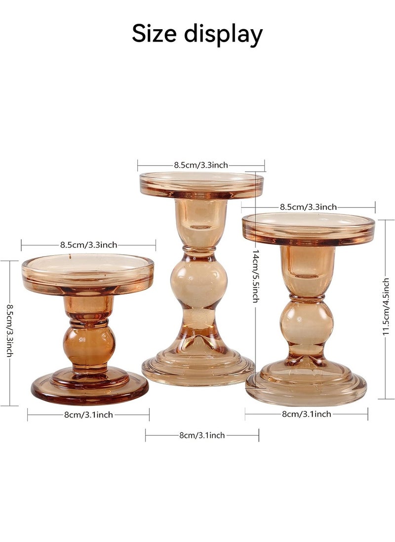 3-Piece Glass Candles Stand Amber Crystal Candle Holder for Pillar Taper Candle and Tealight