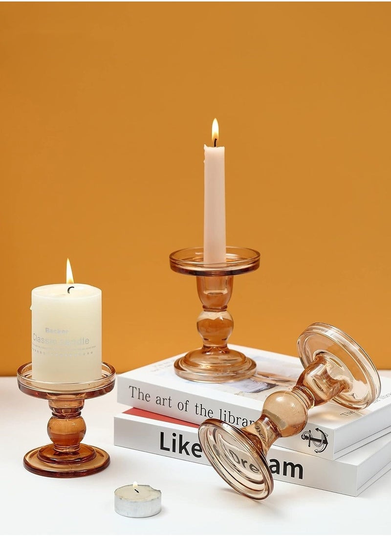 3-Piece Glass Candles Stand Amber Crystal Candle Holder for Pillar Taper Candle and Tealight