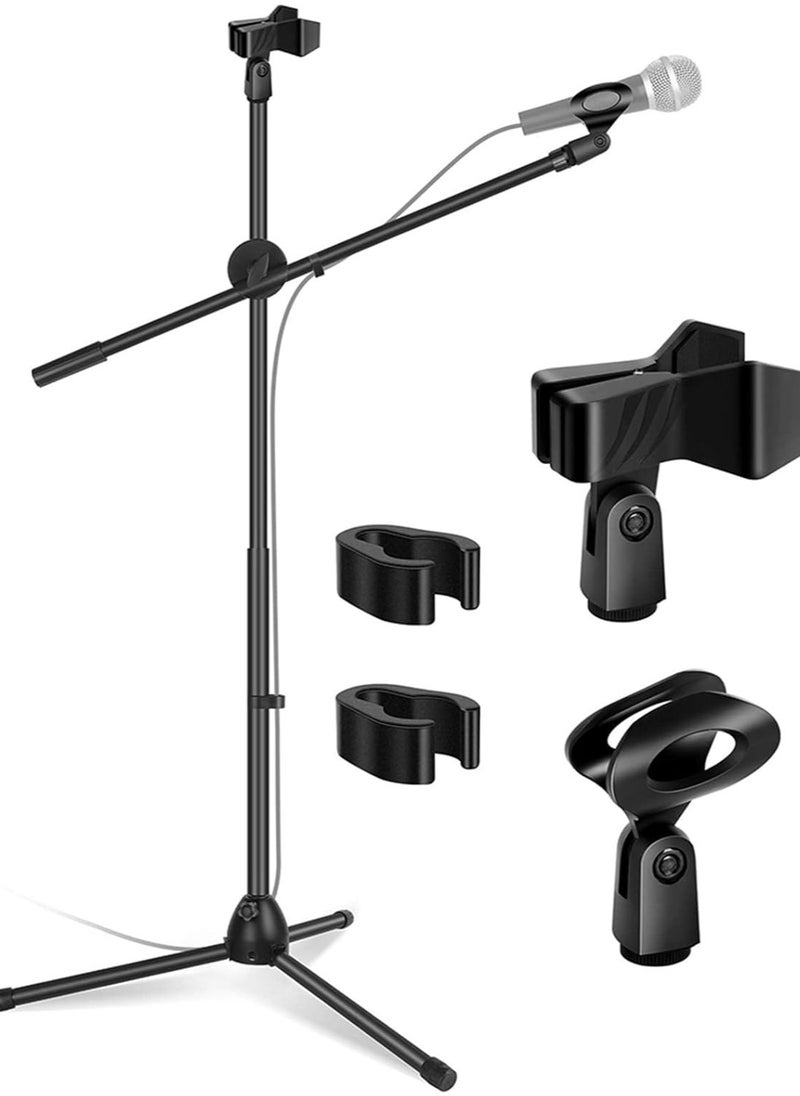 TDOO Microphone Stand, Foldable Tripod Boom Stand Adjustable Height Heavy Duty Mic Boom Stand with Dual Mic Clip Holders and Metal Base for Singing, Speech, Stage