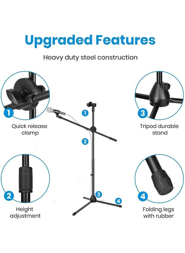 TDOO Microphone Stand, Foldable Tripod Boom Stand Adjustable Height Heavy Duty Mic Boom Stand with Dual Mic Clip Holders and Metal Base for Singing, Speech, Stage