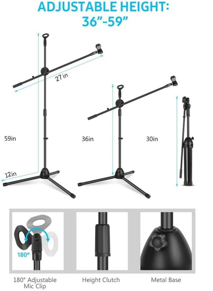 TDOO Microphone Stand, Foldable Tripod Boom Stand Adjustable Height Heavy Duty Mic Boom Stand with Dual Mic Clip Holders and Metal Base for Singing, Speech, Stage