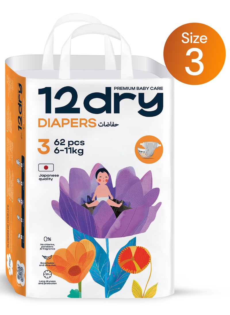 12dry Diapers Size 3 Count 62 – Premium Baby Care, 100% Ultra-Absorbent Japanese Tech, Dual-Layer, Thin & Breathable, Eco-Friendly, Hypoallergenic, Soft Elastic Waistband for Active Babies