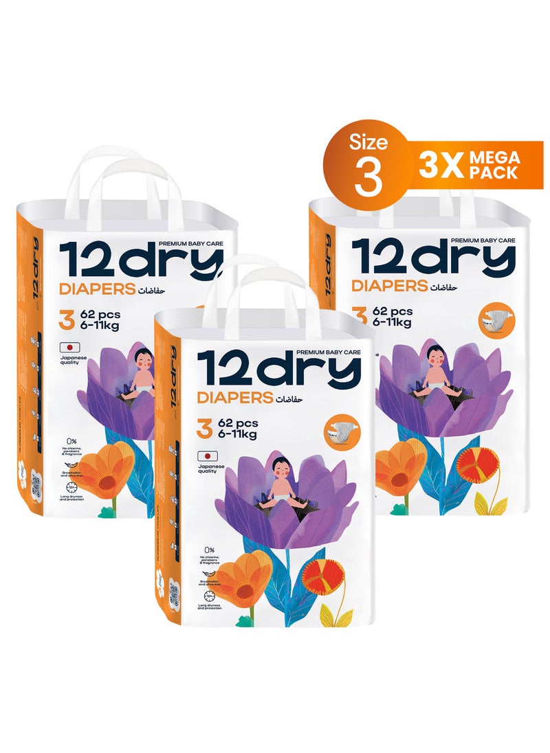 12dry Diapers Size 3 Count 186 – Premium Baby Care, 100% Ultra-Absorbent Japanese Tech, Dual-Layer, Thin & Breathable, Eco-Friendly, Hypoallergenic, Soft Elastic Waistband for Active Babies