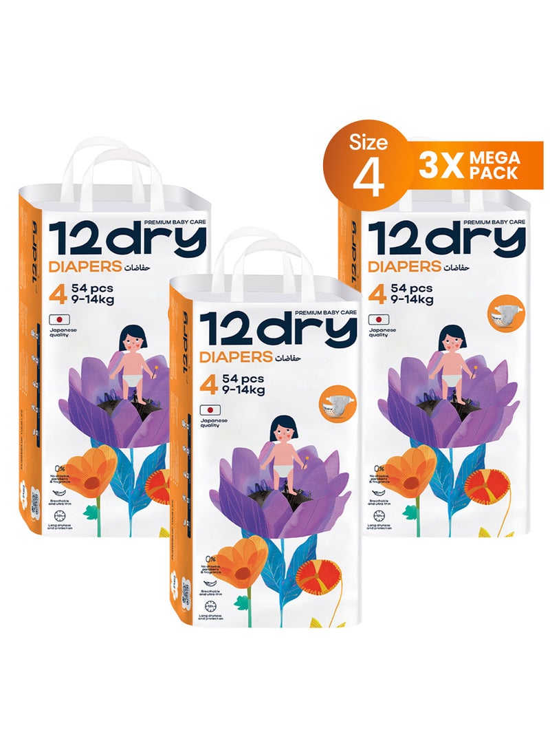 12dry Diapers Size 4 Count 162 – 9-14kg Premium Baby Care, 100% Ultra-Absorbent Japanese Tech, Dual-Layer, Thin & Breathable, Eco-Friendly, Hypoallergenic, Soft Elastic Waistband for Active Babies