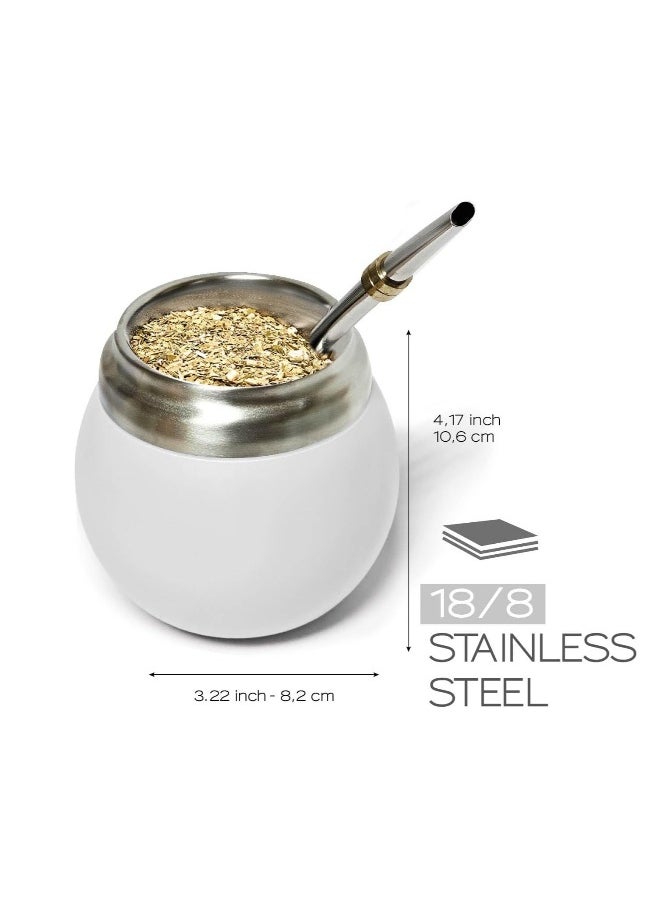 280ml White Stainless Steel Yerba Mate Cup Kit Includes Two Stainless Steel Straw