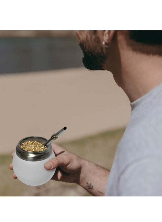 280ml White Stainless Steel Yerba Mate Cup Kit Includes Two Stainless Steel Straw