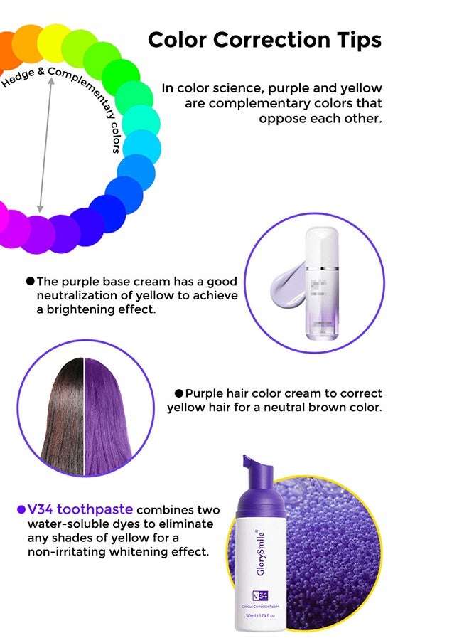 V34 Colour Corrector Foam - Teeth Whitening Tooth Colour Corrector Purple Toothpaste for Teeth Whitening Purple Teeth Whitening v34 Colour Correcting Foam Toothpaste Teeth Stain Removal