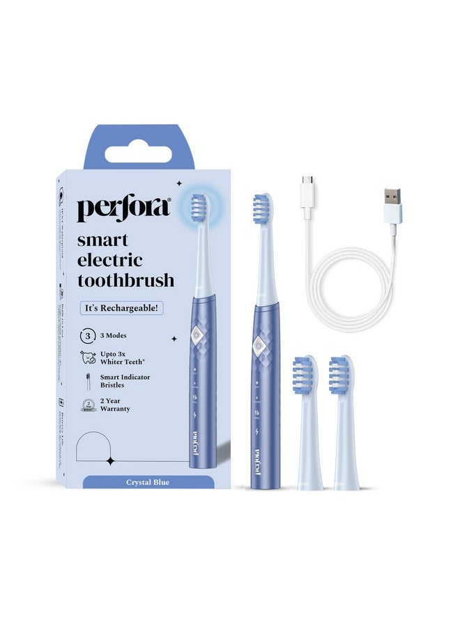 Rechargeable Electric Toothbrush|3 Brush Heads|30000 Vibrations|Smart Indicative Bristles|3 Modes|2 Year Warranty|Electric Brush,Electric Toothbrush For Men,Women & Kids|Crystal Blue-Pack Of 1