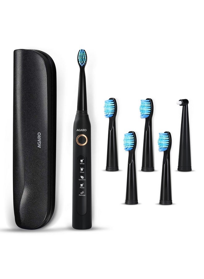 Cosmic Plus Sonic Electric Tooth Brush For Adults With 5 Modes, 5 Brush Heads, 1 Interdental Head, Carry Case & Rechargeable With 4 Hours Charge Lasting Up To 25 Days, Power Toothbrush, (Black)