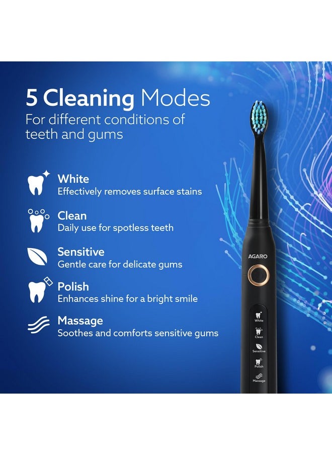 Cosmic Plus Sonic Electric Tooth Brush For Adults With 5 Modes, 5 Brush Heads, 1 Interdental Head, Carry Case & Rechargeable With 4 Hours Charge Lasting Up To 25 Days, Power Toothbrush, (Black)