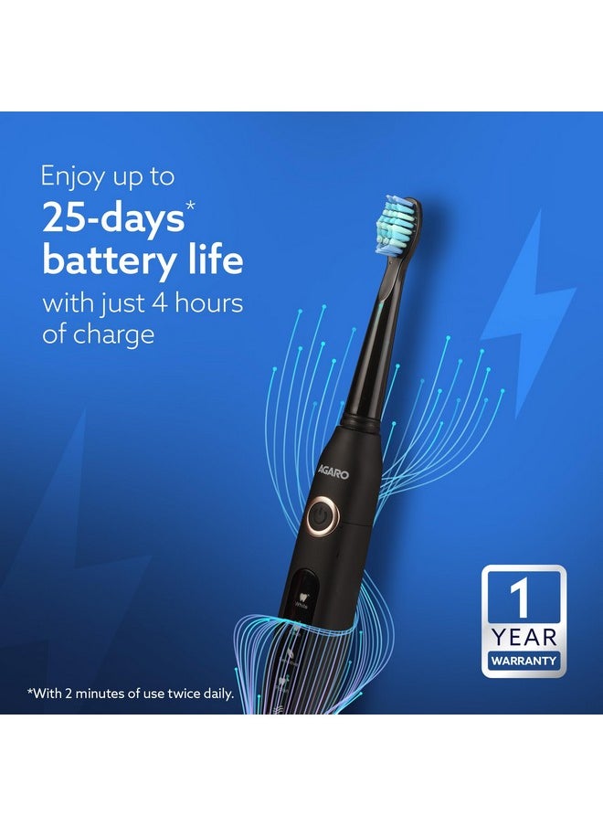 Cosmic Plus Sonic Electric Tooth Brush For Adults With 5 Modes, 5 Brush Heads, 1 Interdental Head, Carry Case & Rechargeable With 4 Hours Charge Lasting Up To 25 Days, Power Toothbrush, (Black)