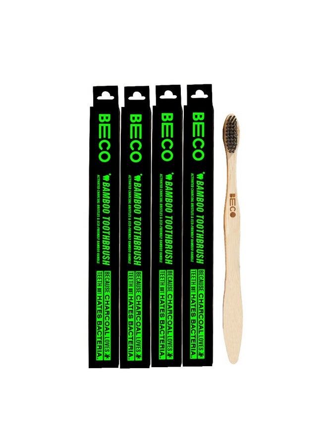 Compostable Bamboo Toothbrush With Ultra-Soft Charcoal Activated Bristles, 100% Natural & Eco-Friendly (Pack Of 4)