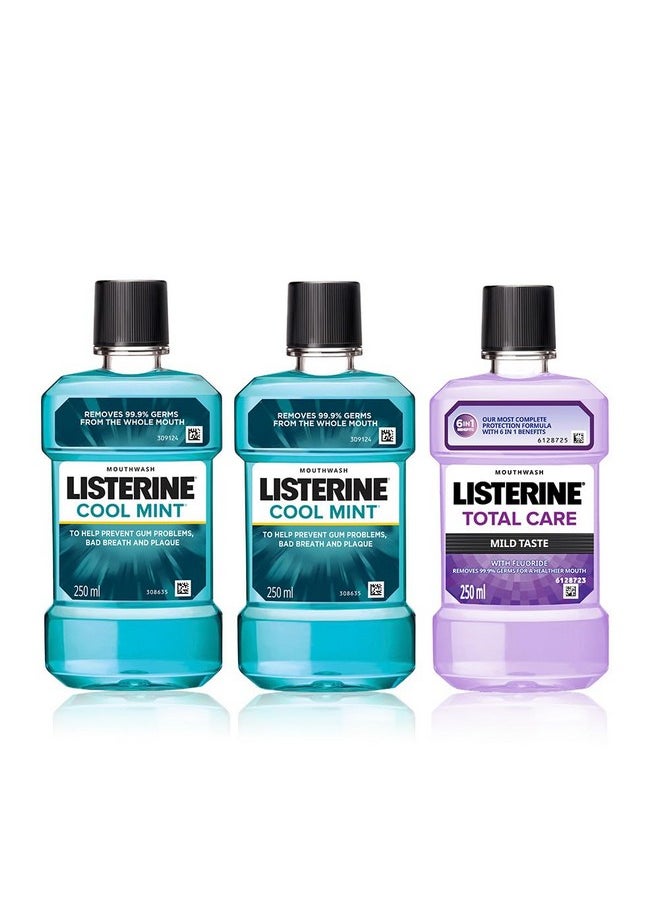 Cool Mint Mouthwash - 250Ml (Pack Of 2) With Total Care Mild Taste 250Ml (Free)