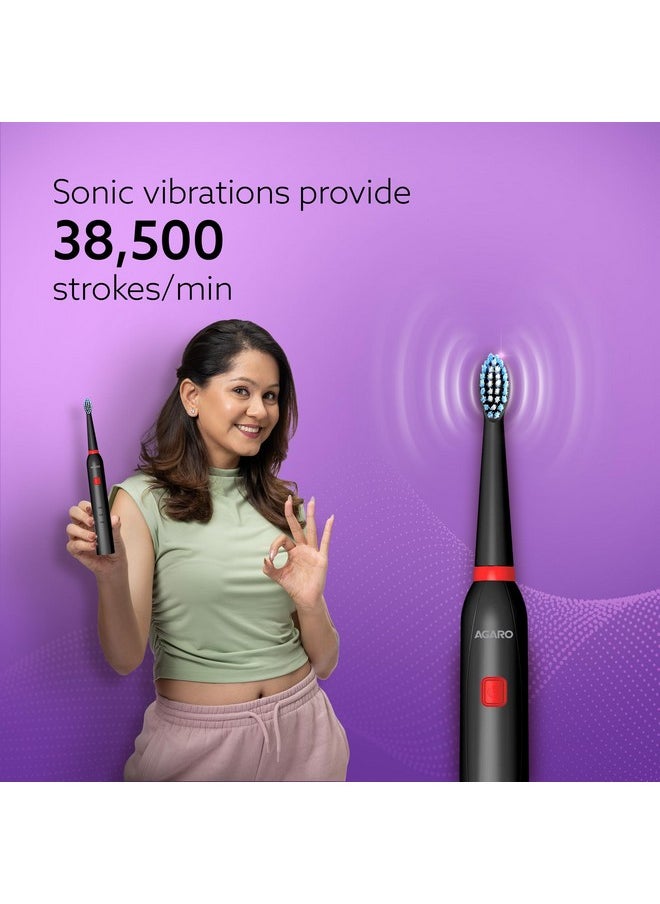 Cosmic Lite Sonic Electric Toothbrush For Adults With 6 Modes, 3 Brush Heads, 1 Interdental Head And Rechargeable With 3.5 Hours Charge Lasting Up To 25 Days, Power Toothbrush, Black