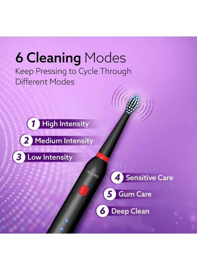 Cosmic Lite Sonic Electric Toothbrush For Adults With 6 Modes, 3 Brush Heads, 1 Interdental Head And Rechargeable With 3.5 Hours Charge Lasting Up To 25 Days, Power Toothbrush, Black