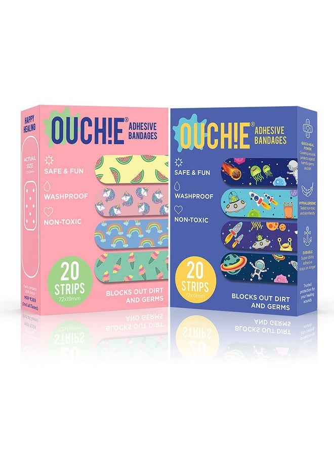 Ouchie Non-Toxic Printed Bandages Double Combo (40 Pack) - Pink & Space Blue