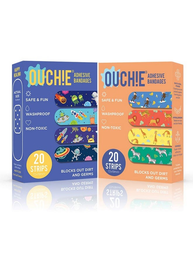 Ouchie Non-Toxic Printed Bandages Double Combo (40 Pack) - Space Blue & Orange