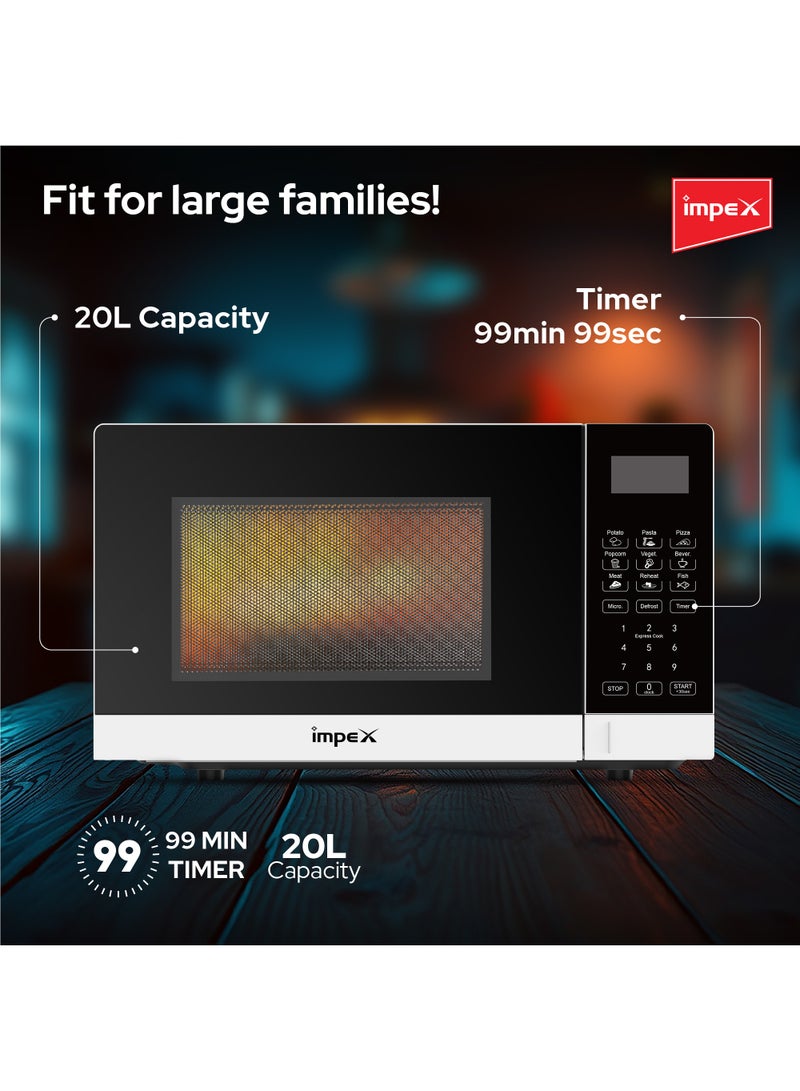 20L Digital Microwave Oven with 99-Minute Timer, 8 Preset Menus, Child Safety Lock, Defrost Function, 700W Power, 255mm Glass Turntable, Push Button Door, and Cooking Indicator 20 L 700 W MO 8101DB White/Black