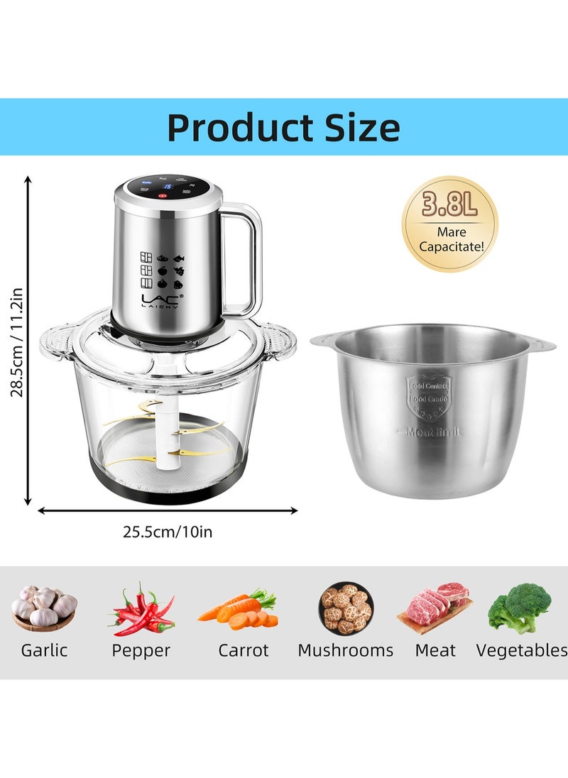 Electric Food Chopper, Smart touch screen design，3.8L Meat Grinder 4 Mixing Models,2 kinds of matching pots, stainless steel and glass,Food Processor Stainless Steel  Food Processor Elegant Slicer With Integrated 6-Sharp Blades Non-slip mat And Child Safety Lock