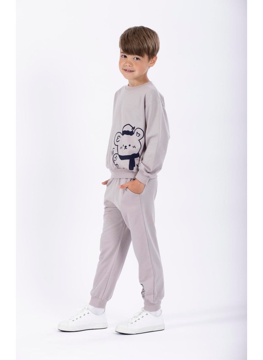 Hat and Bear Printed Stone Color Boy Tracksuit