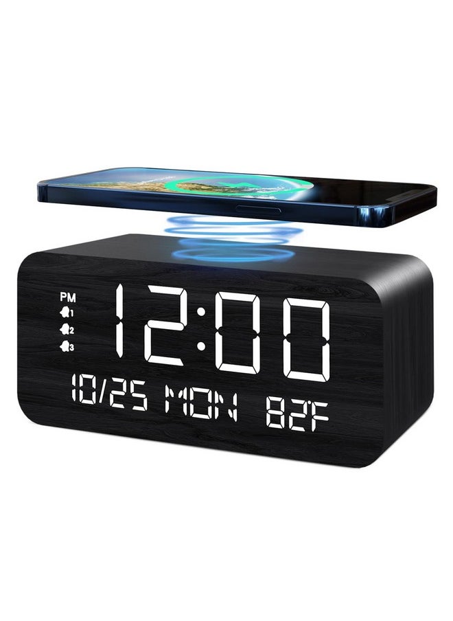 Digital Alarm Clock, With Wooden Electronic Led Time Display, 3 Alarm Settings, 10W Wireless Charging, Day Of The Week, Temperature Detect, Wood Made Digital Clocks For Office, Bedroom, Bedside, Black