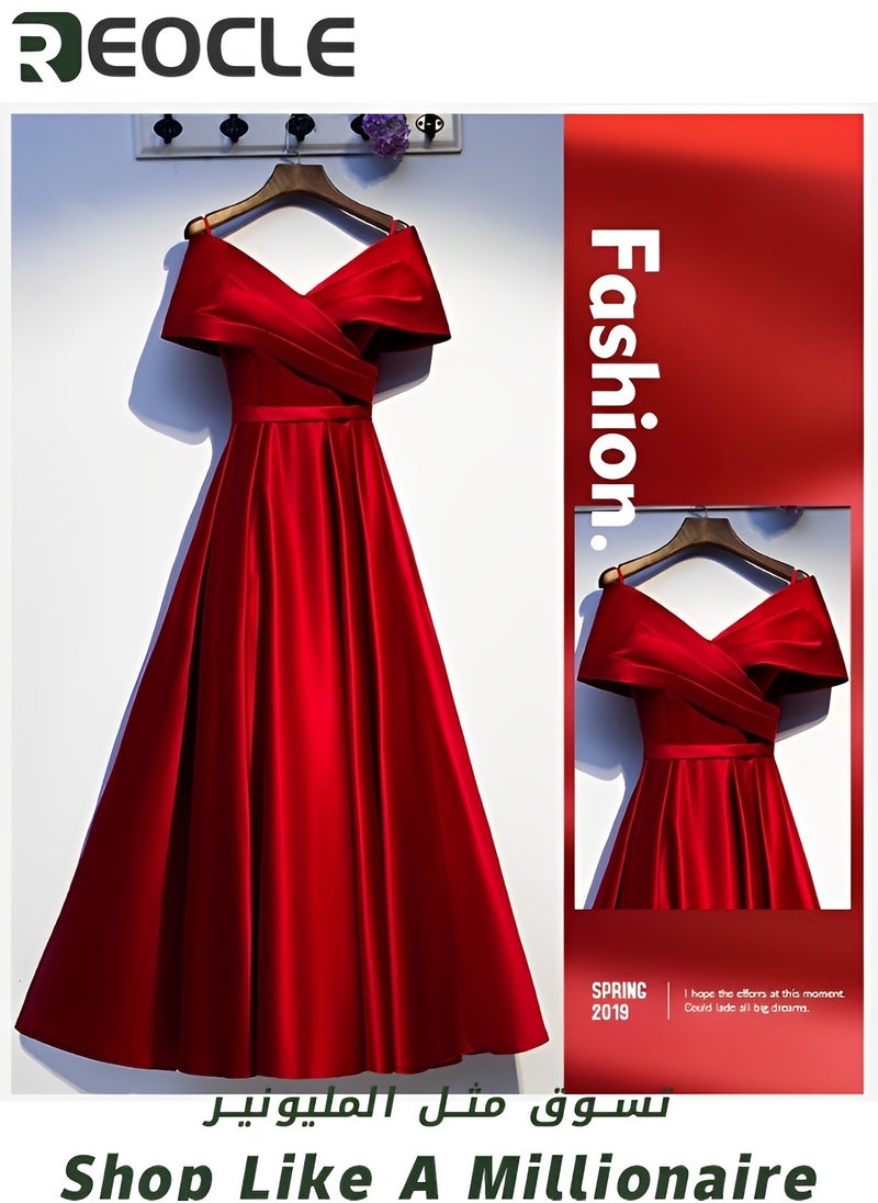 Red Satin Evening Dress New V-neck Slimming Dress Usually Wearable Host Long Evening Dress