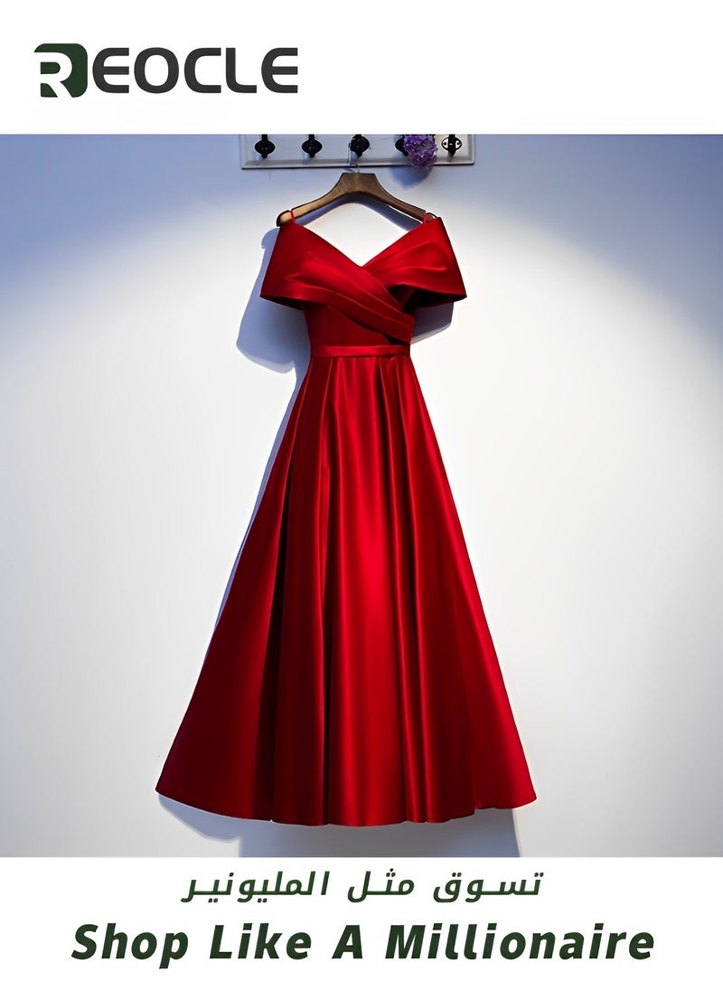 Red Satin Evening Dress New V-neck Slimming Dress Usually Wearable Host Long Evening Dress