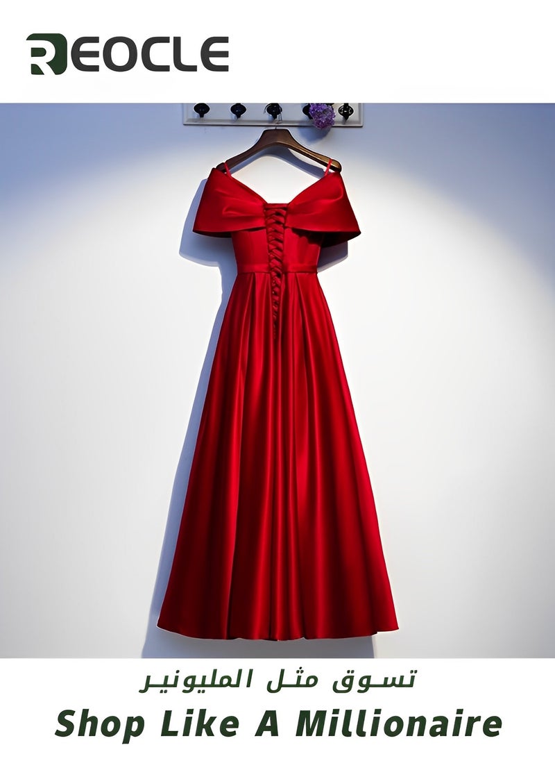 Red Satin Evening Dress New V-neck Slimming Dress Usually Wearable Host Long Evening Dress