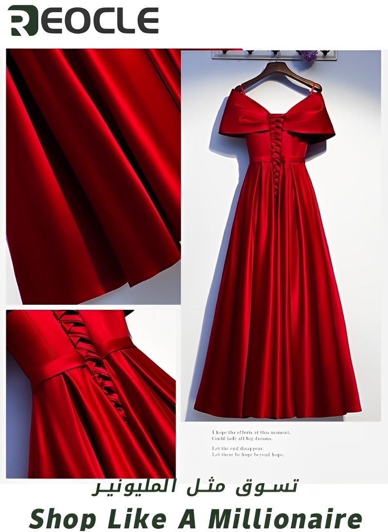 Red Satin Evening Dress New V-neck Slimming Dress Usually Wearable Host Long Evening Dress