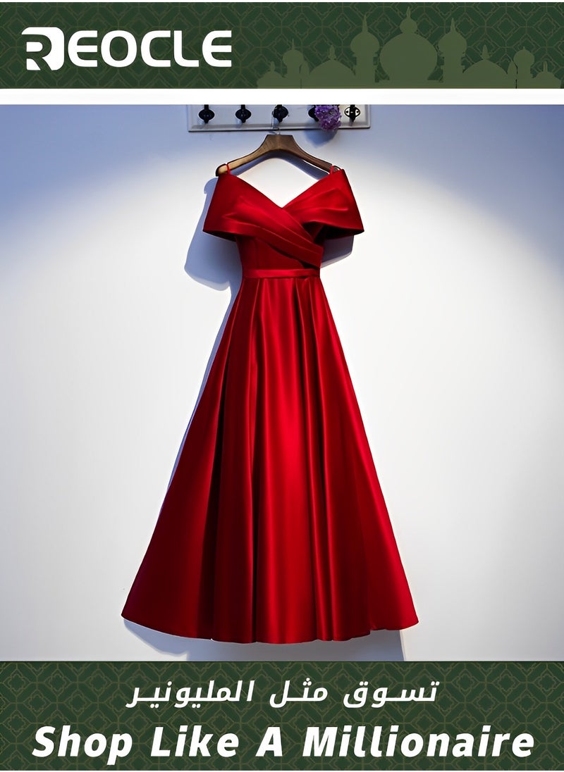 Red Satin Evening Dress New V-neck Slimming Dress Usually Wearable Host Long Evening Dress